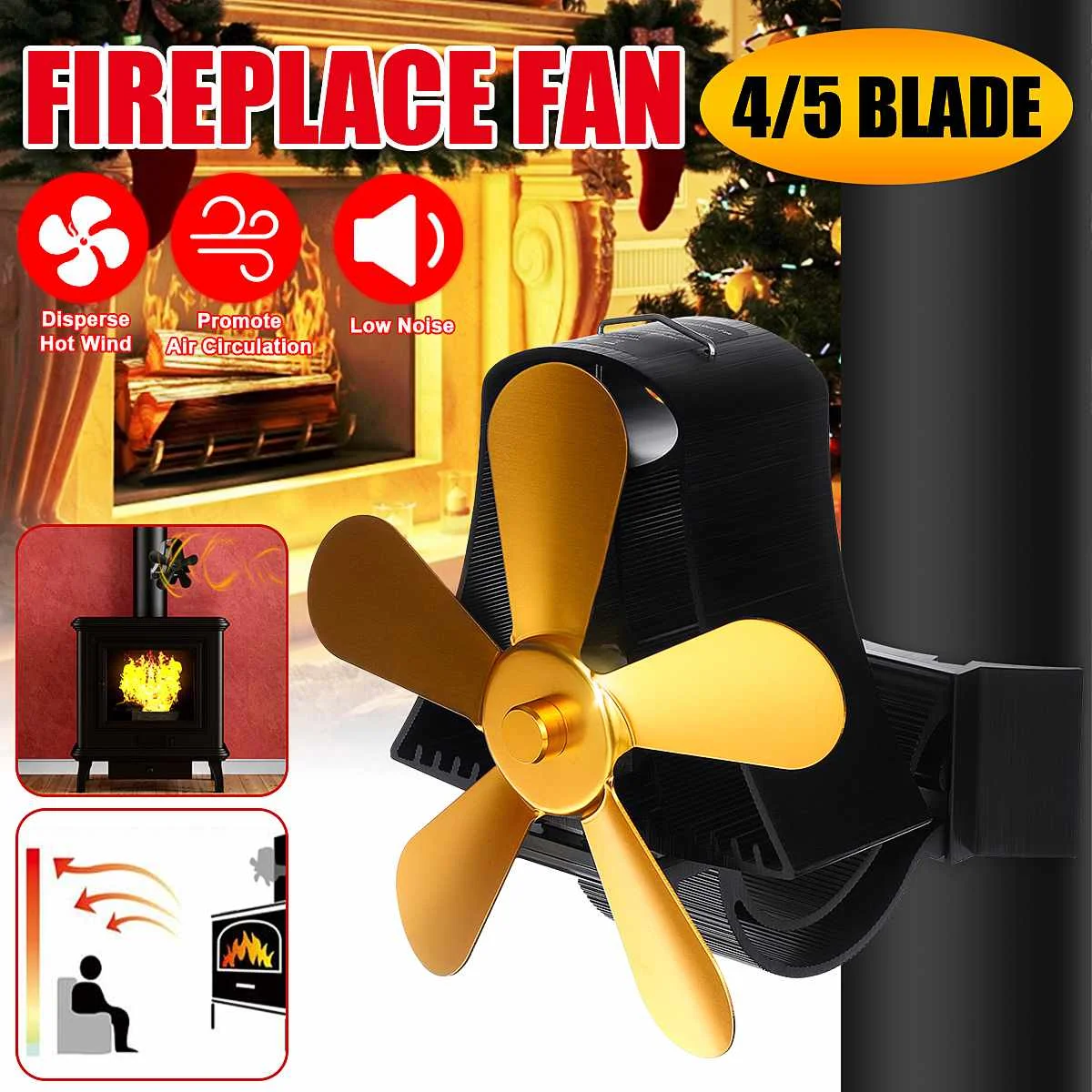 

Wall Mounted Fireplace 4/5 Blade Heat Powered Stove Fan Wood Burner Eco Friendly Quiet Fan Home Efficient Heat Distribution Fan