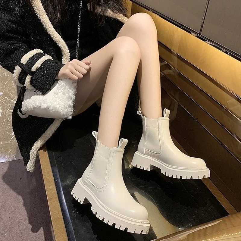 

Pouch Ankle Botas 2021 New Chunky Boots Fashion Platform Women Ankle Female Sole Mujer Round Toe Slip-On Botas Altas Mujer