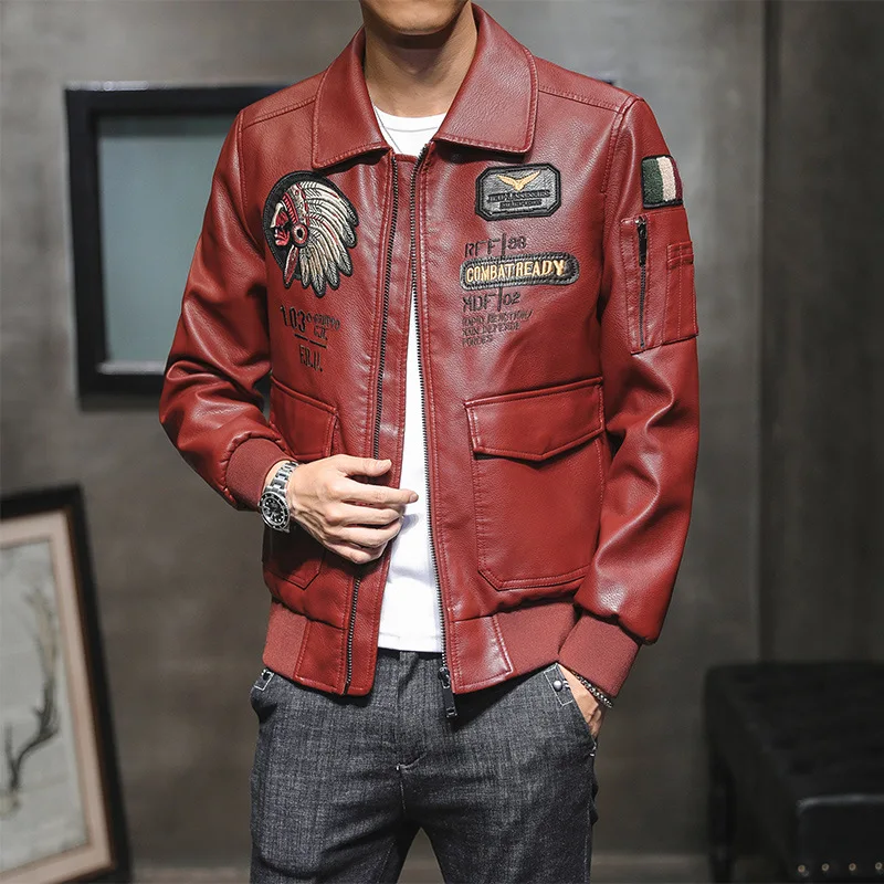 

Men's clothing 2021 autumn and winter new embroidery men's handsome leather fashion casual baseball leather jacket men