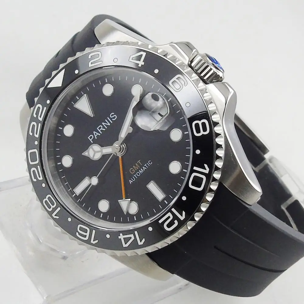 PARNIS 40 мм полированный чехол автоматические мужские часы резиновый ремешок GMT