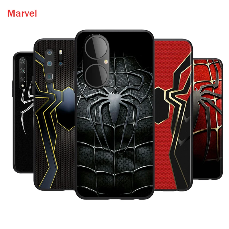 Черный силиконовый чехол с логотипом Человека-паука для Huawei P50 P40 P30 P20 Pro P10 P9 P8 Lite E