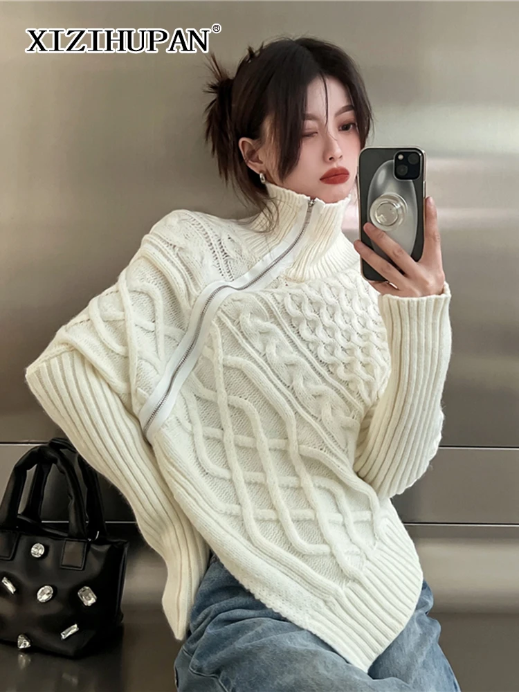 

XIZIHUPAN Casual Solid Zipper Knitting Sweater For Women Turtleneck Long Sleeve Irregular Hem Loose Fashion Sweaters Female 2021