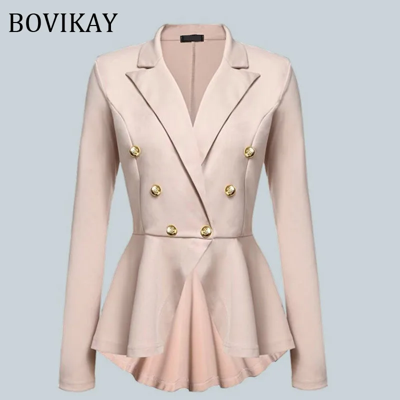 

BOVIKAY New Fashion Womens Suit Double Row Metal Buckle Self-cultivation Lady Coat Feminino Temperament Blazer Mujer 2020 Jacket