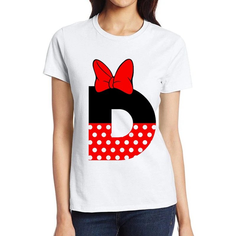 

Women Lovely English 26 Letters Print T-shirt White Color Short Sleeve Alphabet Style Top Tees Shirts Mouse Clothes