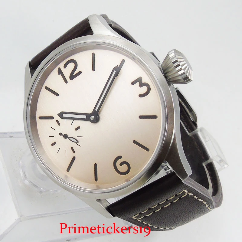 

Simple Hand Winding Men Wristwatch Champagne Dial 43mm Brushed Case Leather Strap 6497 Movement