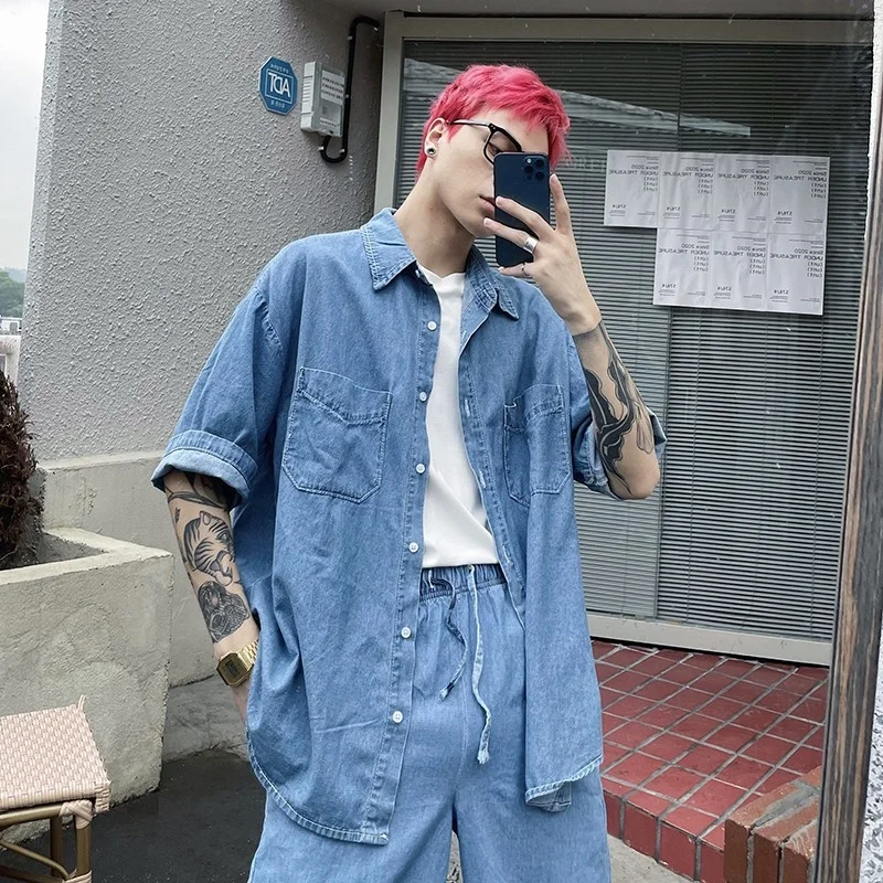 Джинсовый костюм мужской свободного покроя винтажная рубашка из денима с