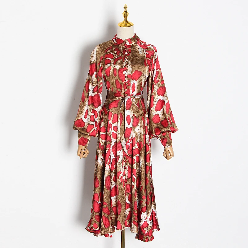 Женское винтажное платье миди с воротником-стойкой высокой талией и