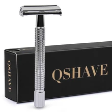 Qshave Double Edge Safety Razor Long Handle Butterfly Open Classic Safety Razor silver color, 1 Handle & 5 blades