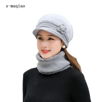 autumn winter hat scarf set fashion hat for women elegant flowers rabbit fur beret hat 2021new thick warm wool knitted cap