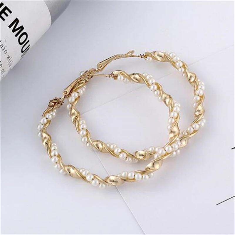 Женские серьги кольца с жемчугом большие в европейском стиле для ночного клуба