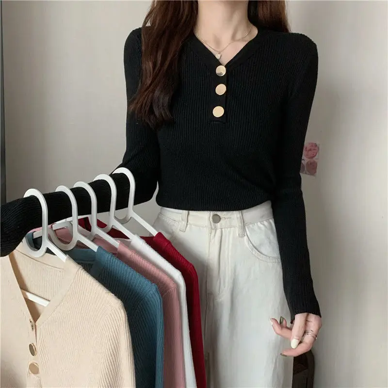 

Autumn Sweater V-neck Bottomed Blouse Women's Long Sleeved Inside Fit Sweater Clavicle Heart Machine Foreign Style Sweater