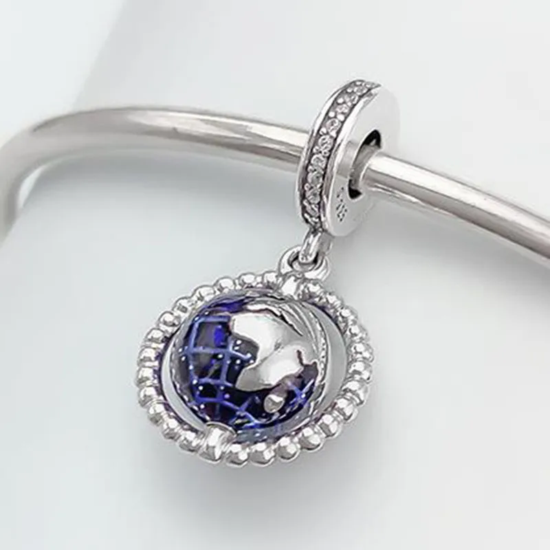 

100% 925 Sterling Silver Charm Spinning World Map Pendant Fit Pandora Women Bracelet & Necklace Diy Jewelry