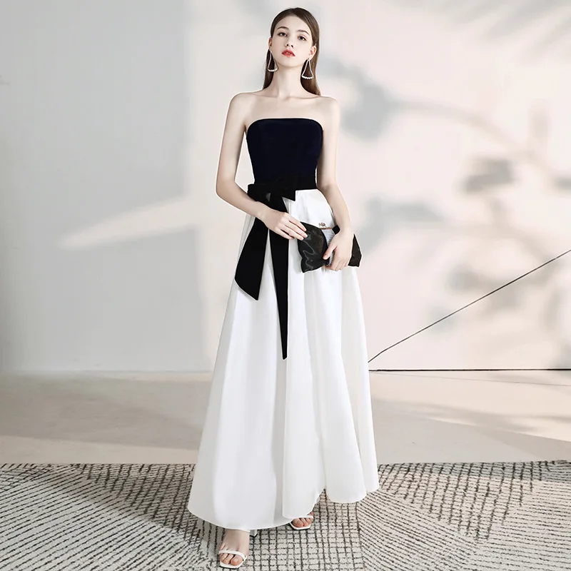 

Host Black-White Patchwork Cheongsam Sexy Strapless Evening Party Dress Gown Exquisite Bowknot Maxi Pleated Robe De Soiree