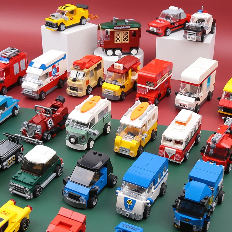

4 Cars in 1 City Racing Car Building Blocks for Boys Toys Pull Back Car Model Bricks Gifts Children's Taxi/Tram Mini Car Gifts