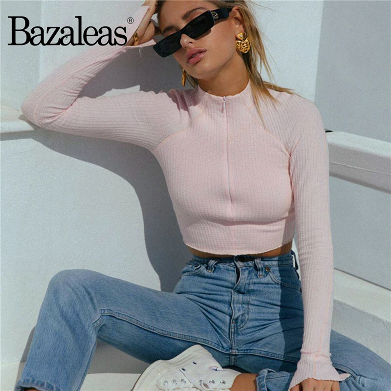 Женский вязаный кардиган на молнии Bazaleas винтажный розовый свитер с высоким