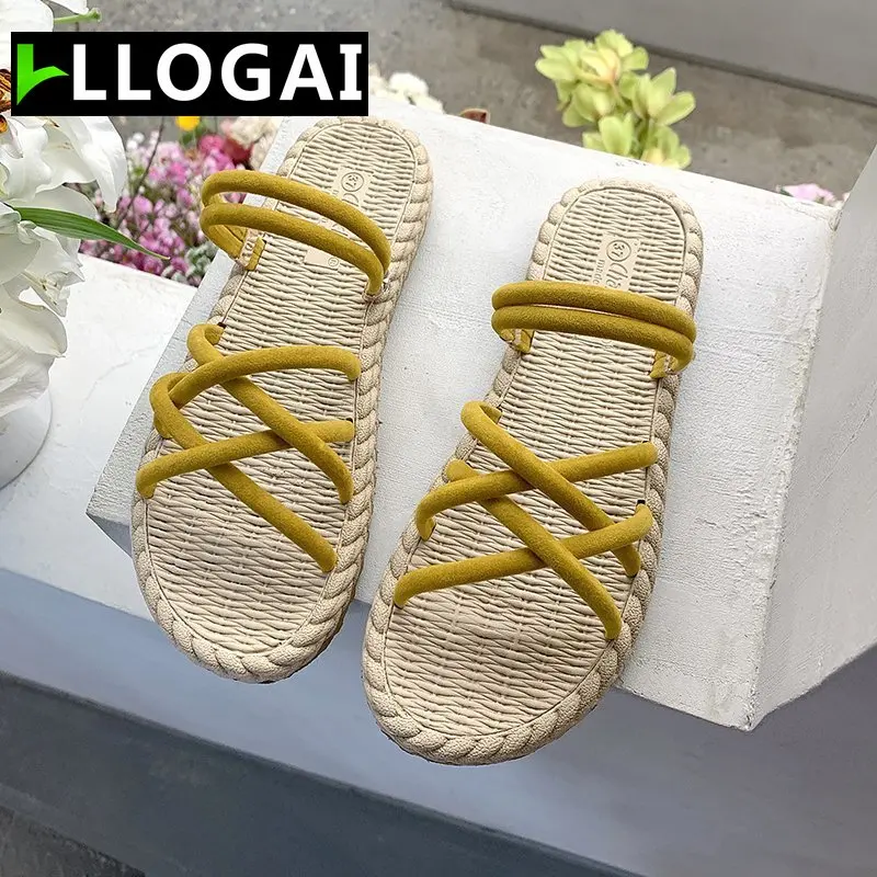 

Ladies Flip Flops Slides Hemp Rope Roman Summer Shoes Woman Sandals Flat Sandalias Mujer Thin Strips Gladiator Beach Sandals New