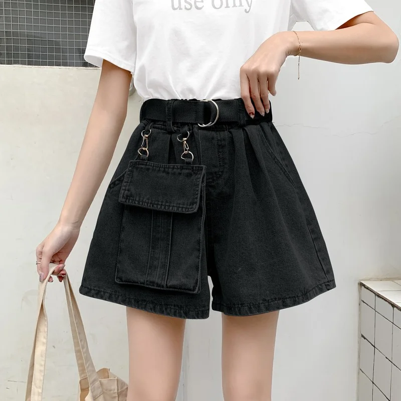 

Women Big Pocket Loose Plus Size Jeans Shorts Fashion High Waist Denim Shorts Female Summer Wide Leg Short Jeans Elastic Waist