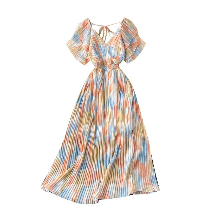 

2021 New Fashion Summer Vestidos Female V-neck Trumpet Sleeve Gradient Color Tie-dye Pleated Chiffon Midi Dress GL358