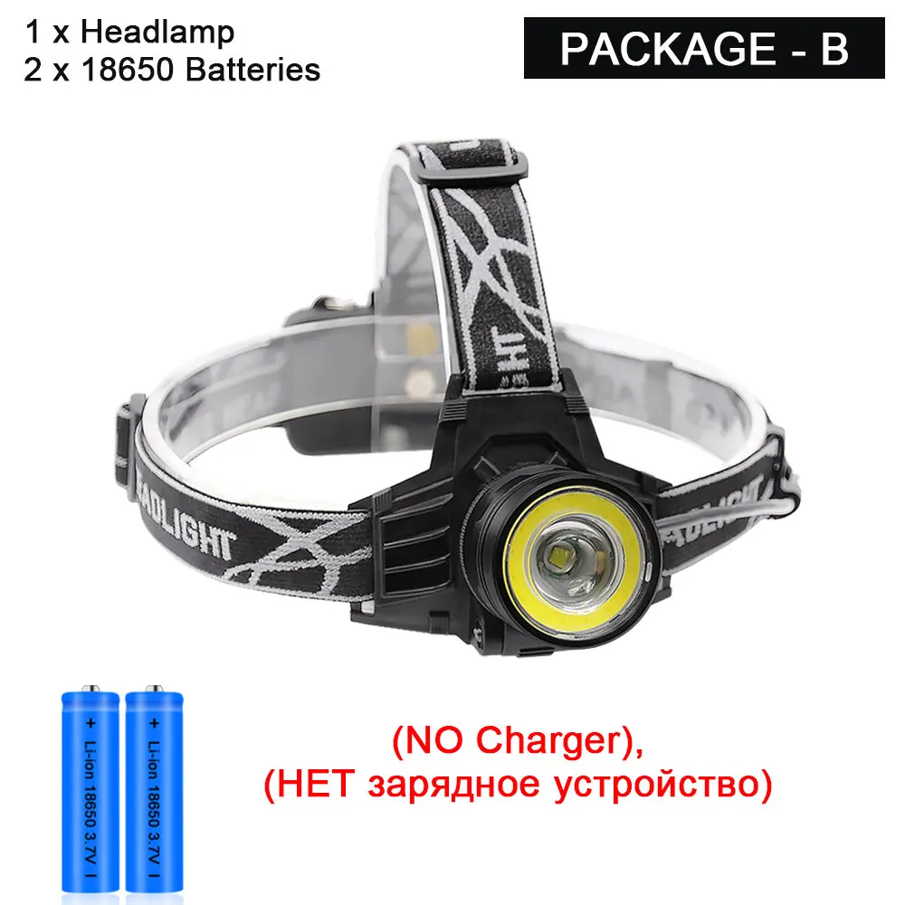 Package-B Супер яркий светодиодный налобный фонарь T6+ COB, 4 режима, фонарь для охоты, рыбалки, велосипеда, USB Перезаряжаемый Головной фонарь, масштабируемый фонарик 18650 - Испускаемый цвет: Package-B