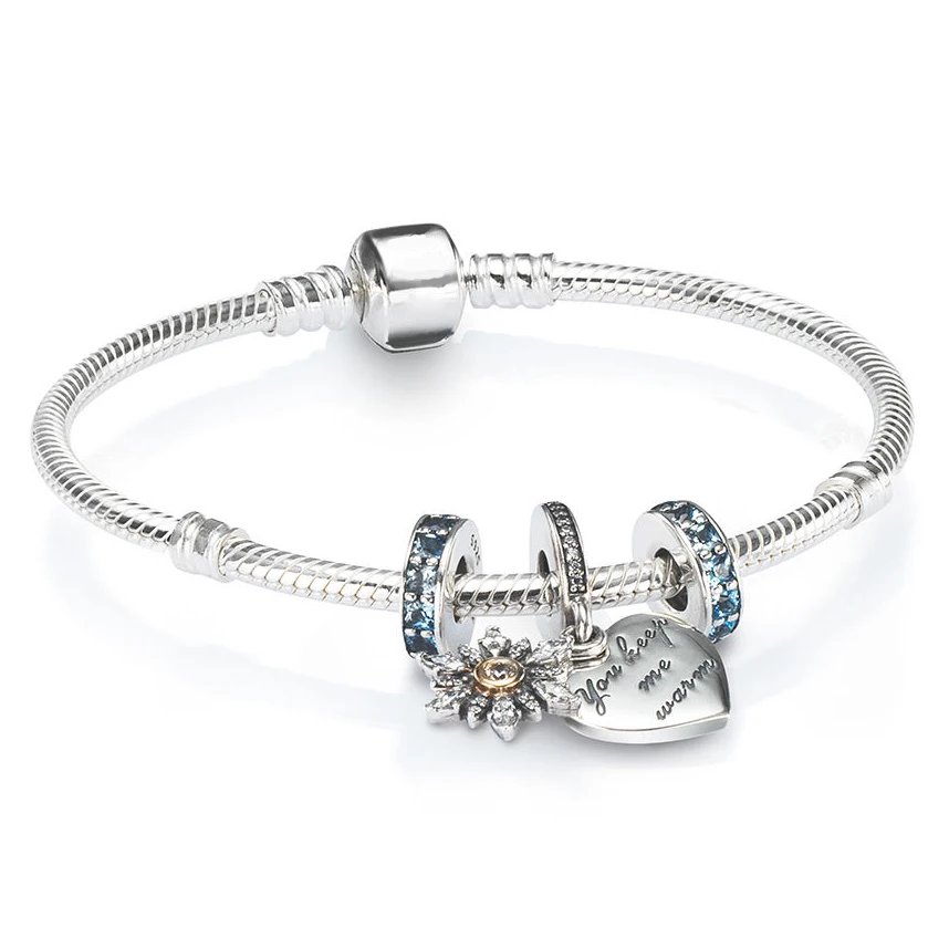 

2020 100% 925 Brand New 1:1 Charm Fashion Blue Temperament & Heart Shaped Snowflake Pendant Charm Bracelet Set