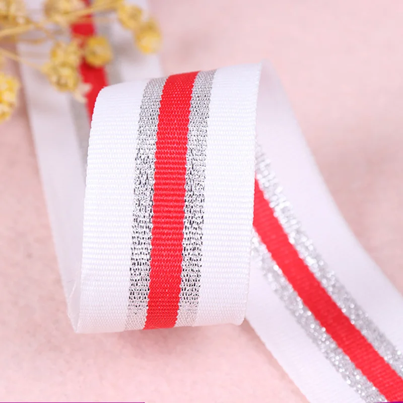 

3M 25mm Width Gold Silver Red Stripes Nylon Webbings Ribbons Soft Belt Tension DIY Sewing Lace Trim Waist Band Garment Accessory
