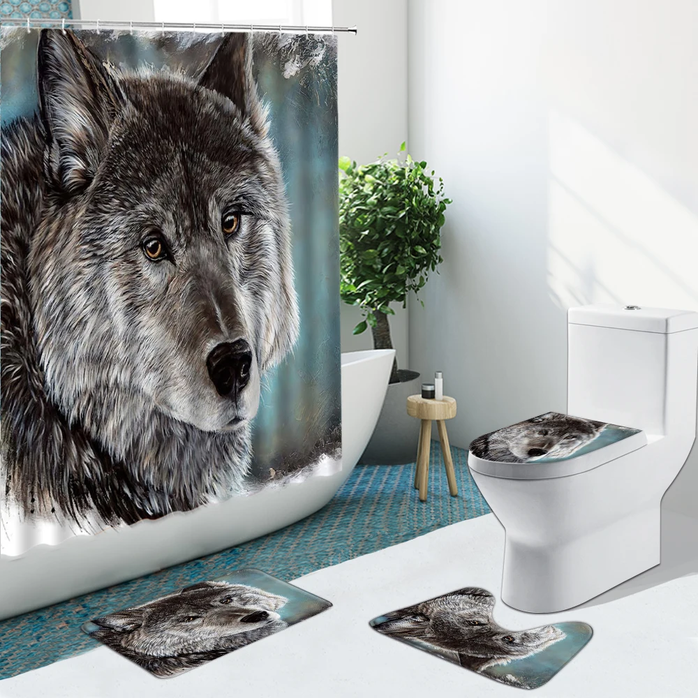 Занавески для душа с изображением леса животных волка растений цветов снега гор