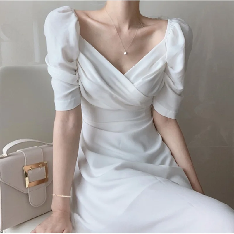 

Elegant fairy dress white puff sleeve chiffon dress style sweet and thin summer dress 2021