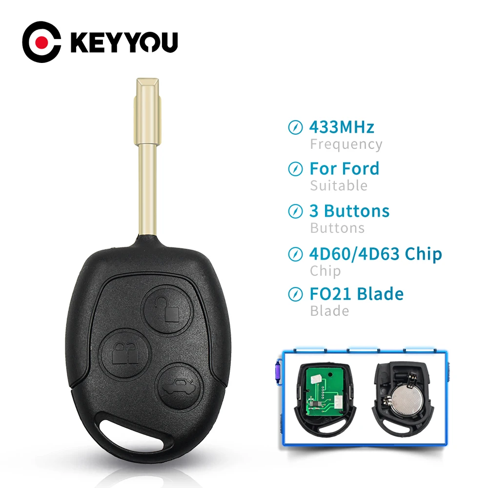KEYYOU транспондер 4D60/4D63 чип 433 МГц сменный удаленный ключ для Ford Focus Fusion Mondeo Fiesta Galaxy 3