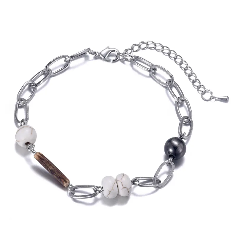 

Vintage Black Beads Bracelets Wooden Beads Jewelry Silver Color White Stone Chains Bracelets