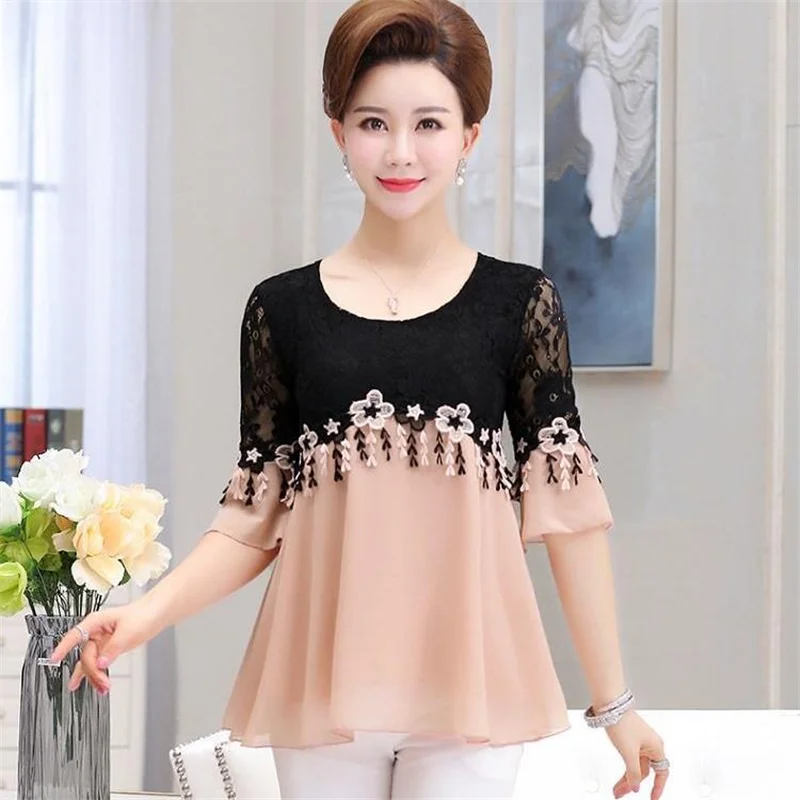 

Women Chiffon Summer Shirts Temperament Casual Bow-Kont Ladies Lace Splice Blouses Short Sleeve Loose Tops Blusas MM1045
