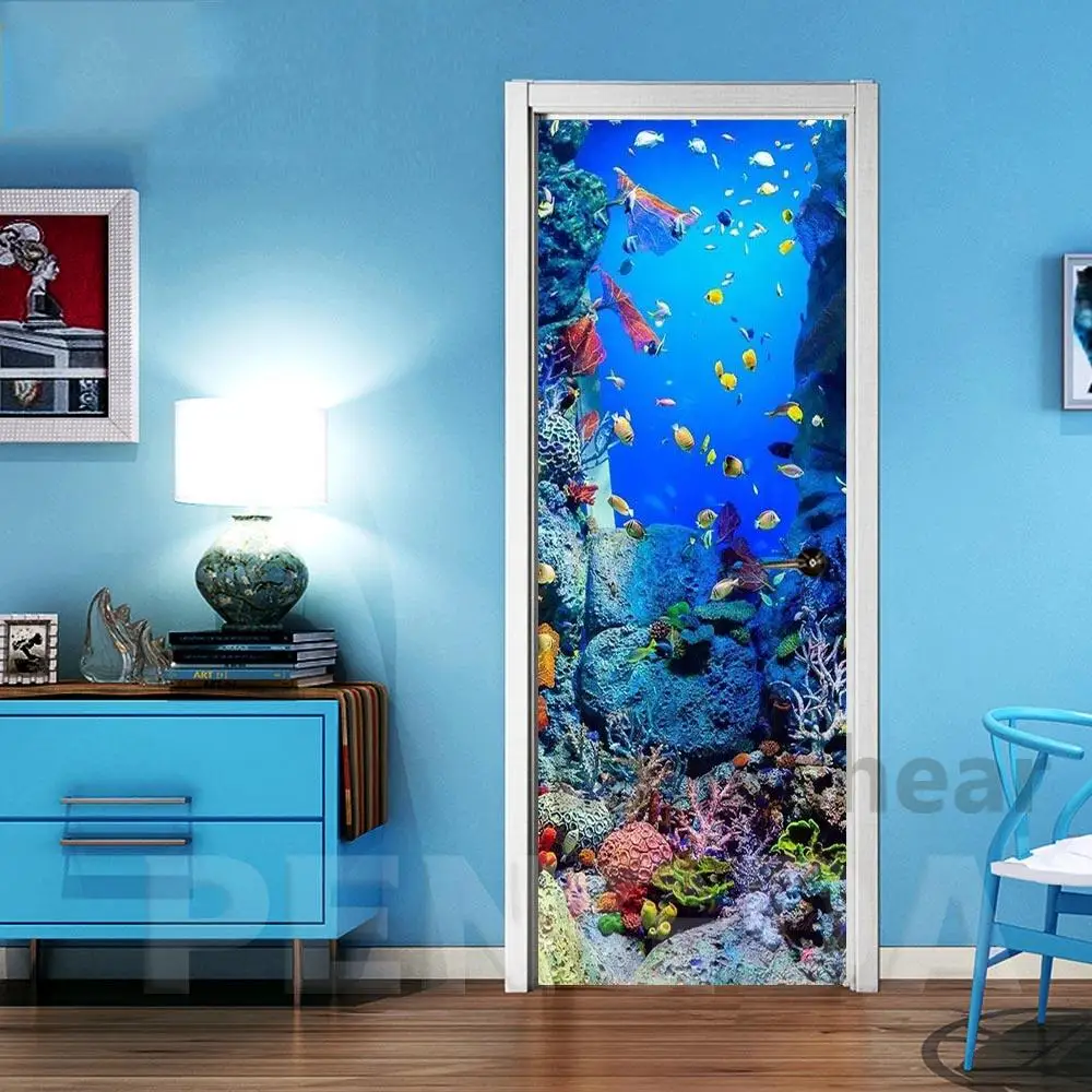 

3D Self Adhesive Wall Art Decal On Fish Bottom World Door New Sticker For Home Door Decoration Renovation Print Canvas Picture
