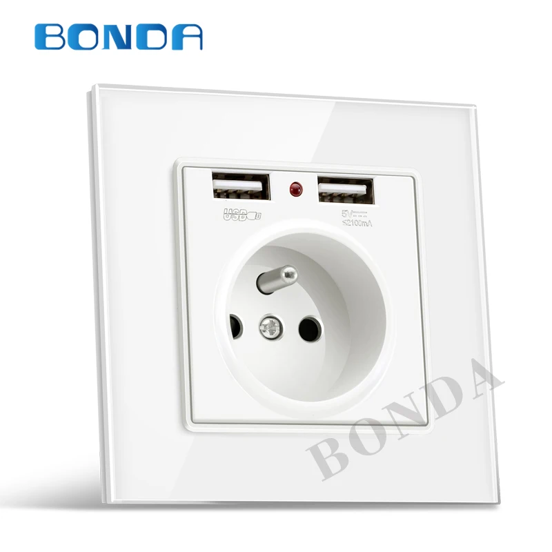 

BONDA Wall Socket Tempered glass 16A French Standard Electrical Outlet With 2100mA Dual USB Charger Port for Mobile Power Socket