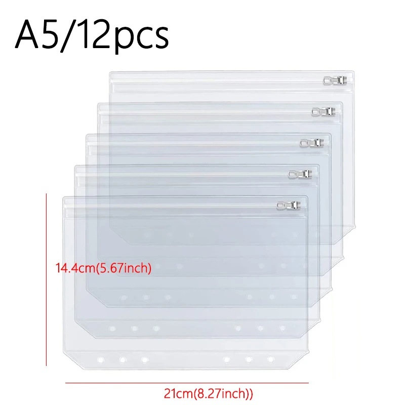 12PCS Convenient Clear PVC A5 A6 Binder Pockets Clear Zipper Folders For 6-Ring Notebook Binder Files Reports Binder