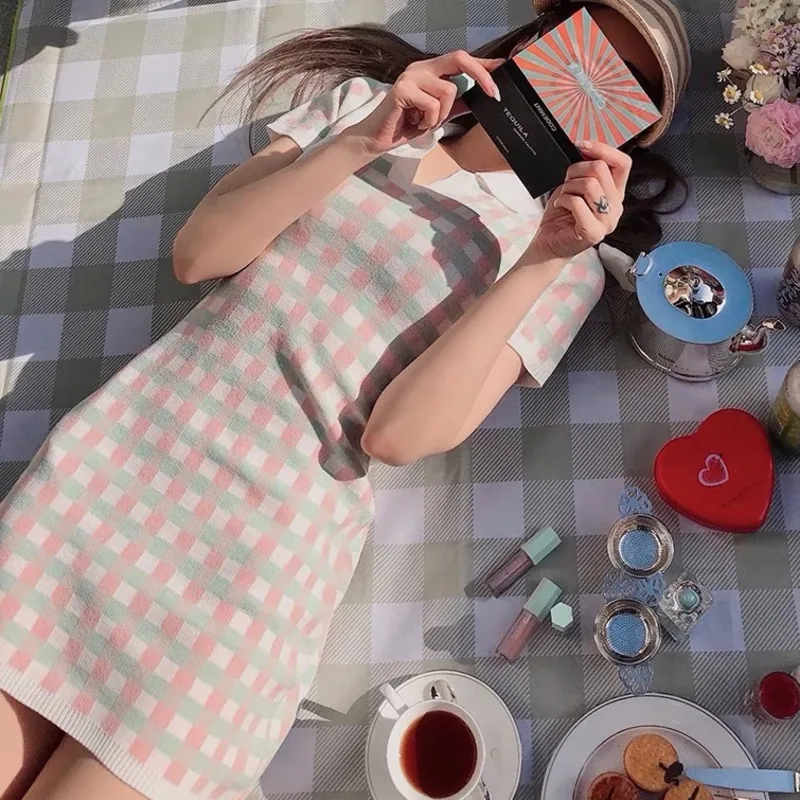 

Sweet Plaid Summer Knitted Sweater Dress Women Fashion Casual Short Sleeve Robe Femme Korean Vintage Summer Dress Party Vestidos