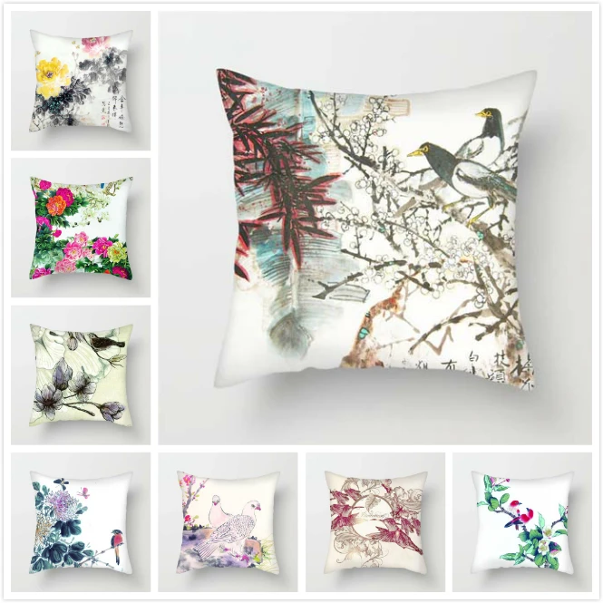 Декоративный чехол для подушки с цветочным принтом и птицами | Дом сад
