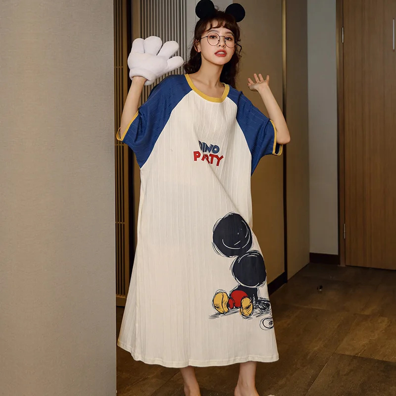 

New cartoon cotton Korean round neck nightdress women's summer long dress casual pajamas