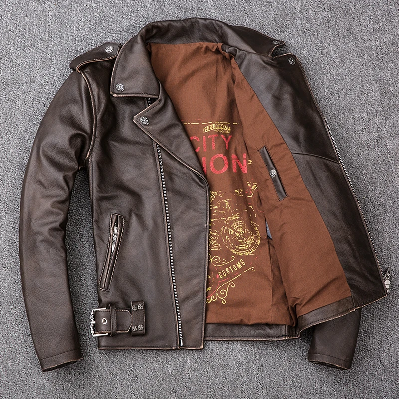 Мужская винтажная байкерская куртка из воловьей кожи с отложным воротником