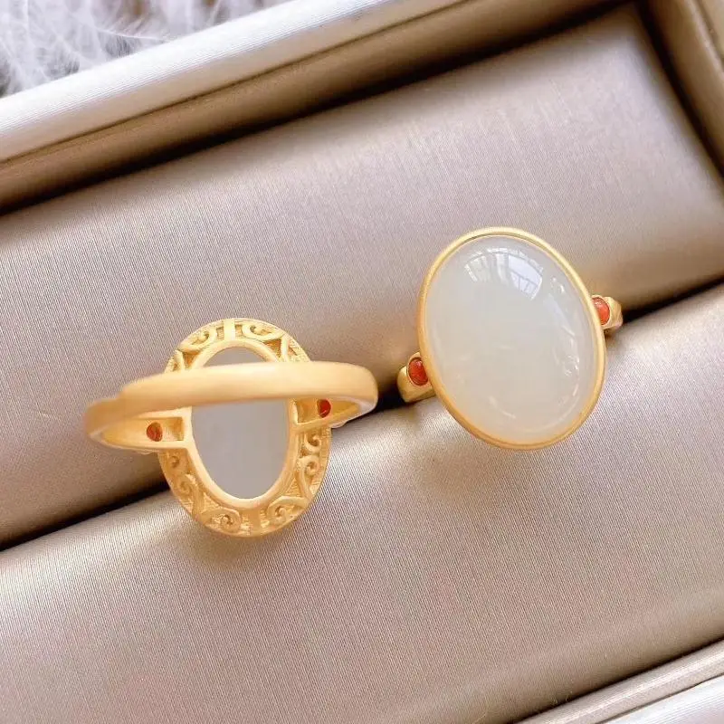 

SNew silver inlaid Hetian Chalcedony egg face big ring temperament neutral men and women models opening adjustable brand jewelry