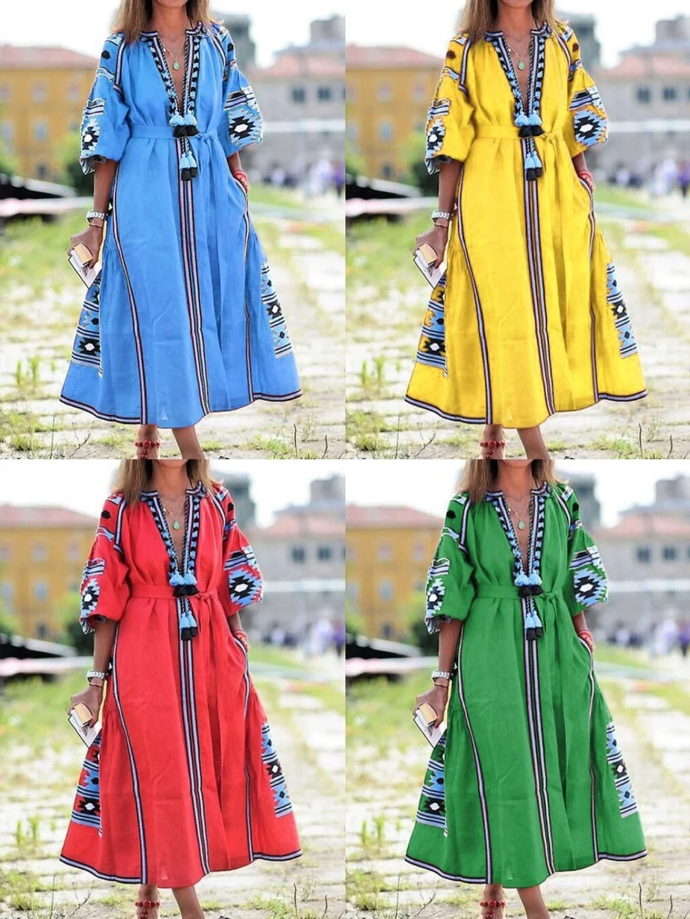 

Muslim Women Printing Long Dress Europe American Vintage Loose Casual Bandage V- Neck 7 Point Sleeve African A-Line Dresses