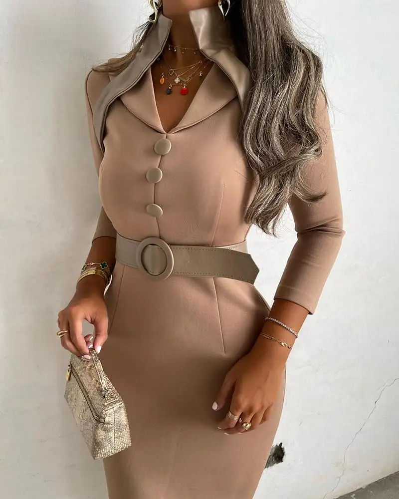 

Button Front Long Sleeve Work Dress Without Belt Women Long Slim Office Dress