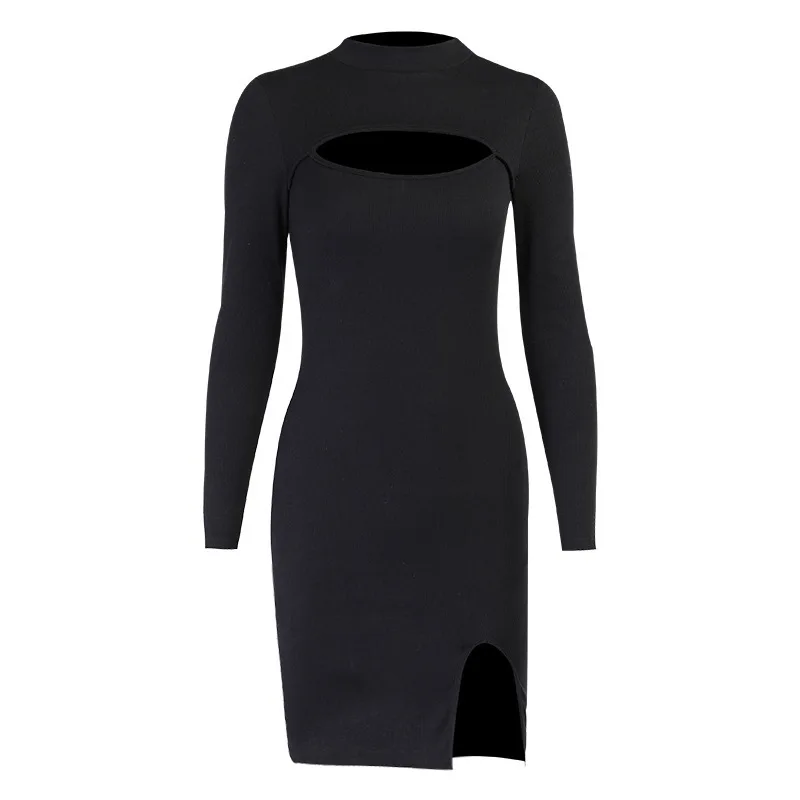 

New Hollow Dress 2021 New Solid Color Fashion Slim Long-sleeved Women's Clothing