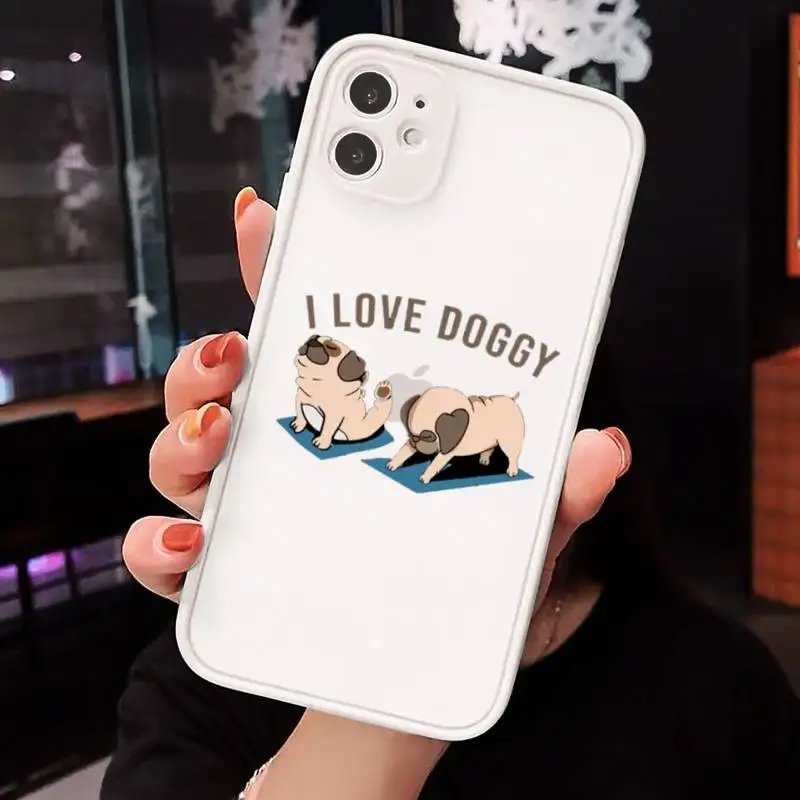 

Cute Cartoon Pug Animal Yoga Phone Case For iPhone 12 11 Mini Pro XR XS Max 7 8 Plus X Matte transparent White Cover