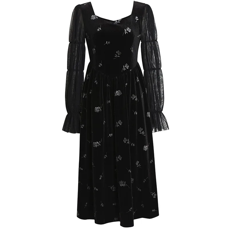 

Velvet Net Yarn Splicing Vestidos Retro Vacation Trendy Robe V-neck Black Dress Women Long Sleeve Floral Print Women Dress