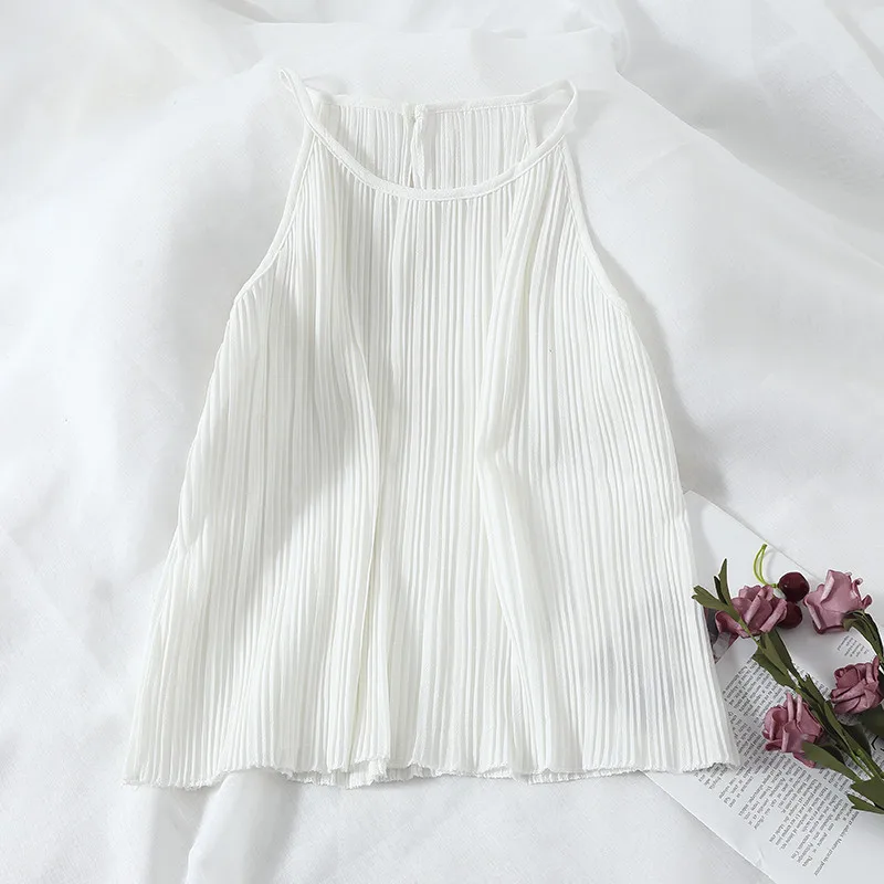 

2020 Tank Casual Small Fresh and Loose All-match Hanging Neck Sling Small Vest Vertical Sense Summer Student Chiffon Top Women