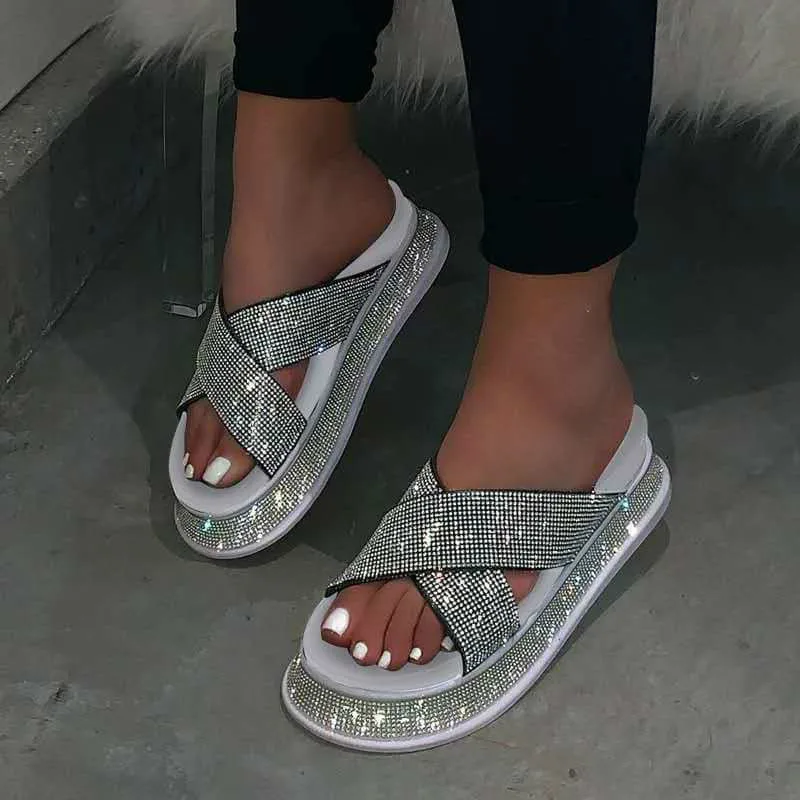 Женские летние блестящие шлепанцы с кристаллами|Обувь без каблука| |