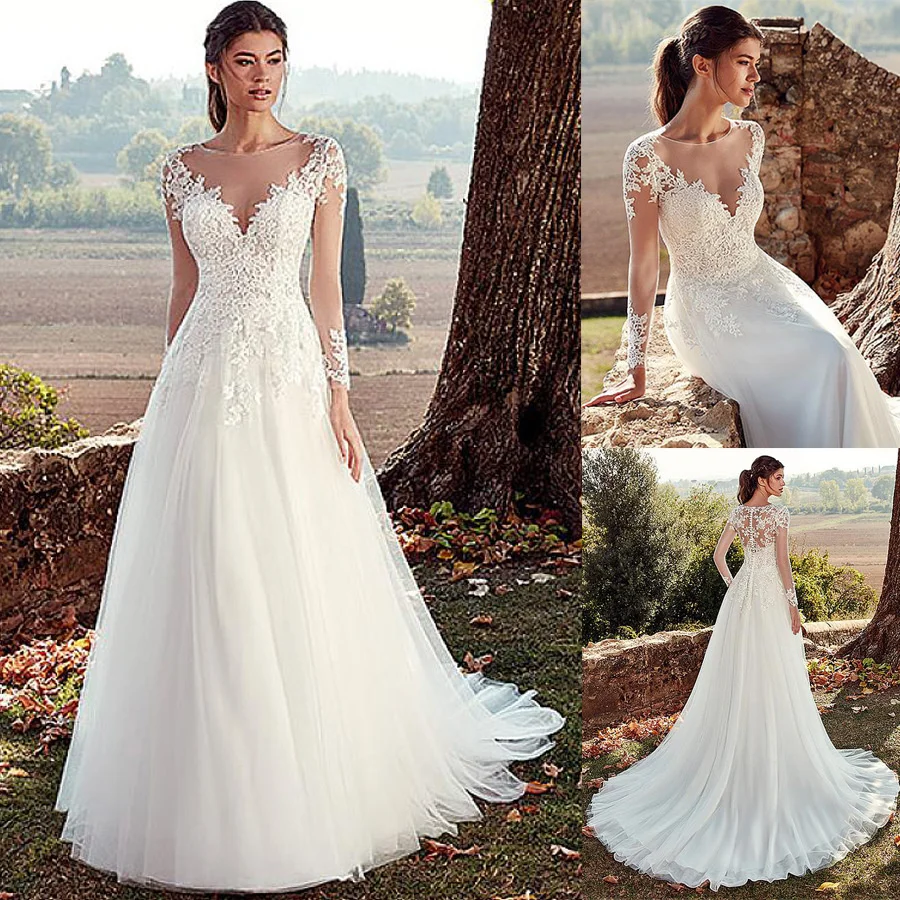 

Luxury Long Sleeves Wedding Dresses 2021 A Line V Neck Bridal Gown Lace Appliques Floor Length Illusion Vestido De Noiva