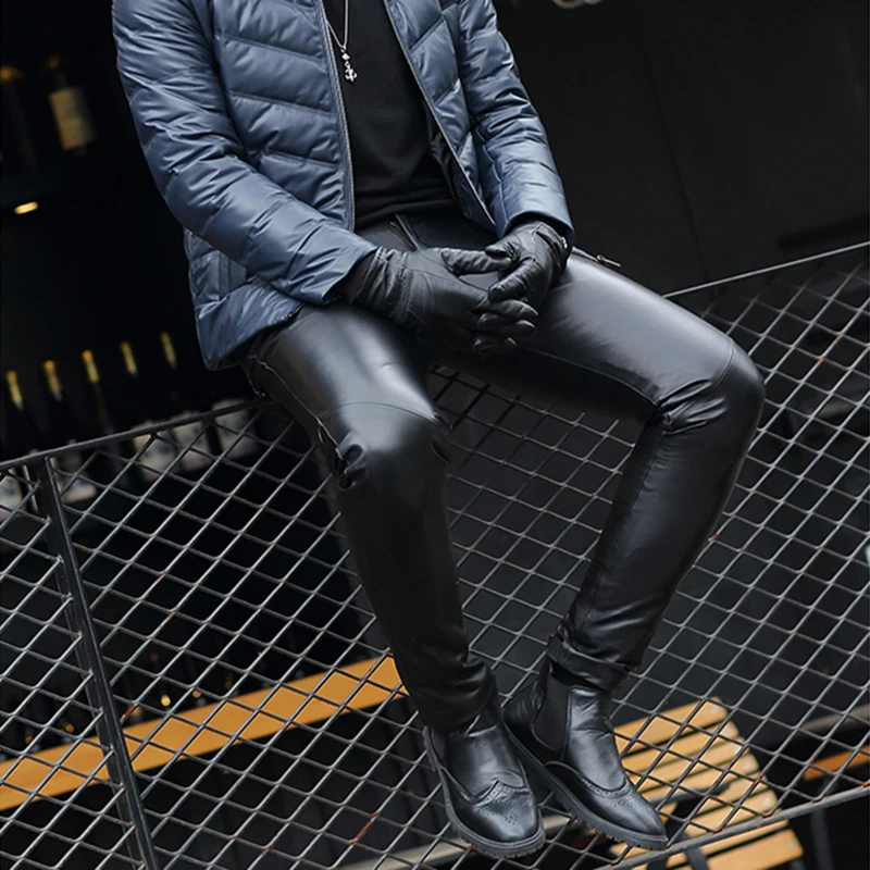 Весенние мужские Бизнес Тонкий Sheepkin Fit эластичный черный искусственного кожаные