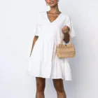 Платья с оборками, женское повседневное однотонное свободное платье с коротким рукавом и V-образным вырезом, женская одежда, женское платье, женское платье