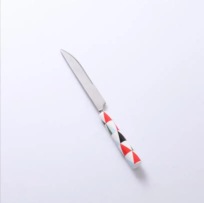 02 Dinner knife Вилка из нержавеющей стали с керамической ручкой в скандинавском стиле, вилка с треугольным узором, набор металлической посуды - Цвет: 02 Dinner knife