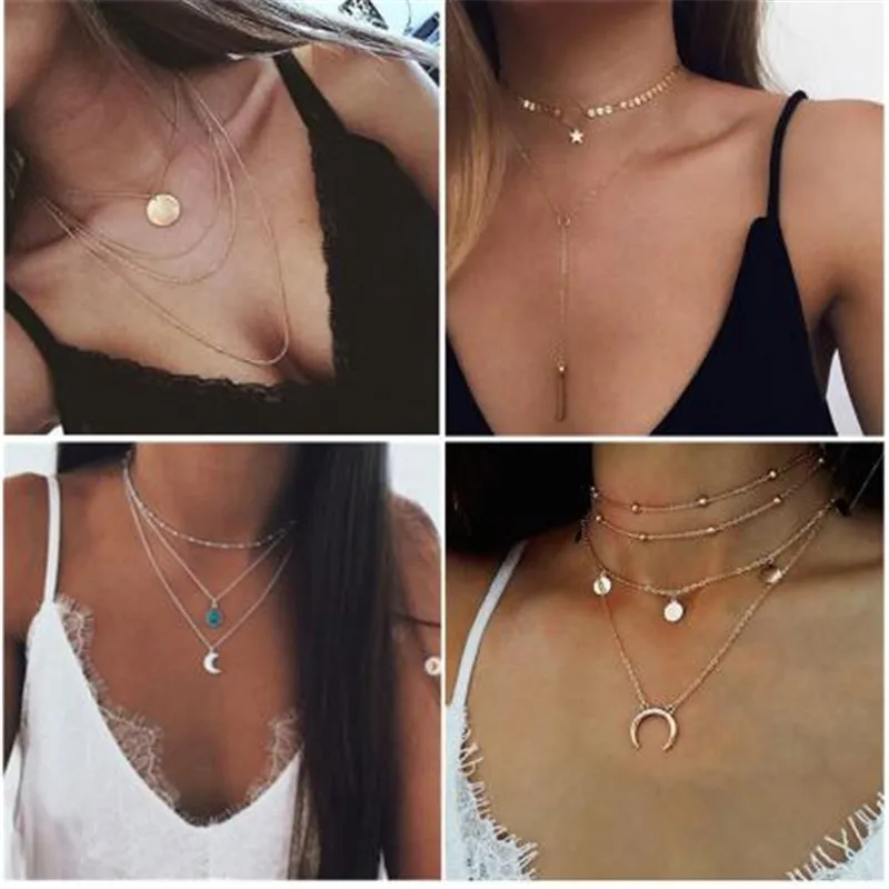 Женское винтажное многослойное ожерелье золотая металлическая цепочка с